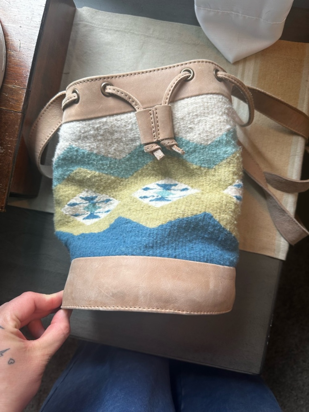 Amasouk Wool Woven Bucket Crossbody in Beige and Blue